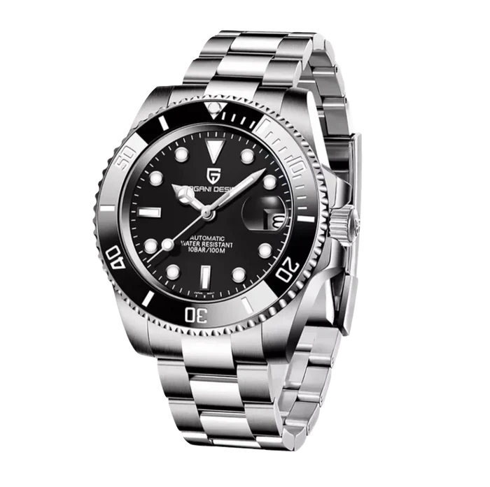 Silver wristwatch with black dial on a white background