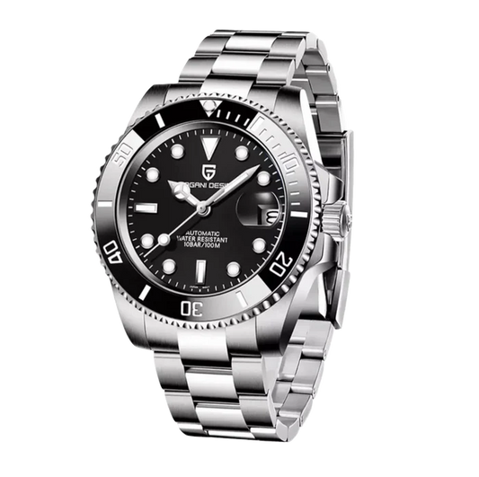 Silver wristwatch with black dial on a white background