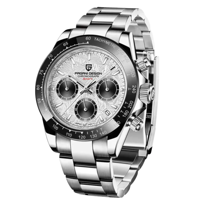 Silver wristwatch with detailed face on a white background