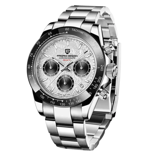 Silver wristwatch with detailed face on a white background