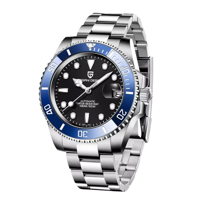 Silver watch with black face and blue accents on a white background