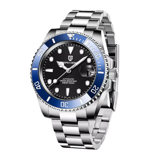Silver watch with black face and blue accents on a white background
