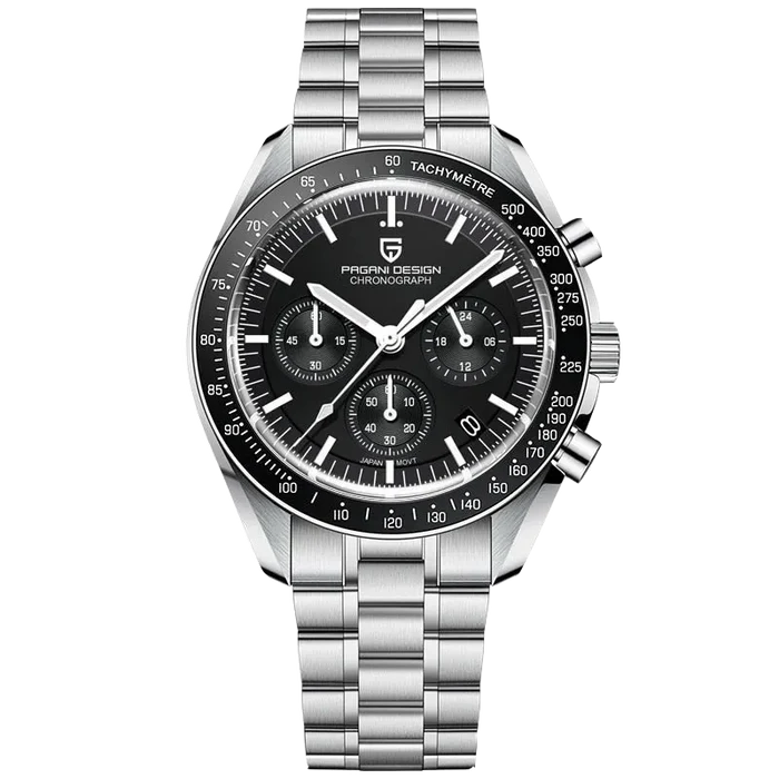 Silver wristwatch with black dial on a white background