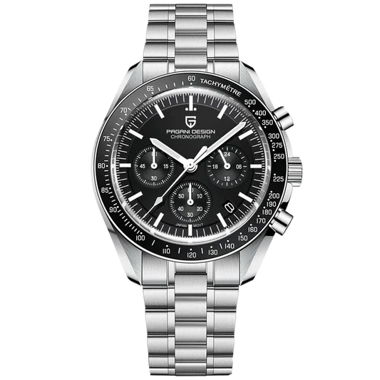 Silver wristwatch with black dial on a white background