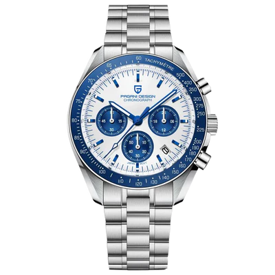 Silver watch with blue face on a white background